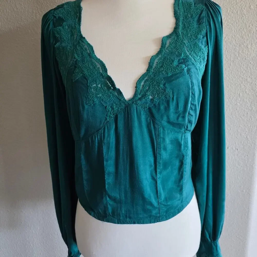 #498 Free People Teal Knit Top with Lace Detail